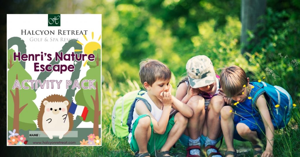 Kids in the forest and the front cover of the Halcyon Retreat Kids Activities Book