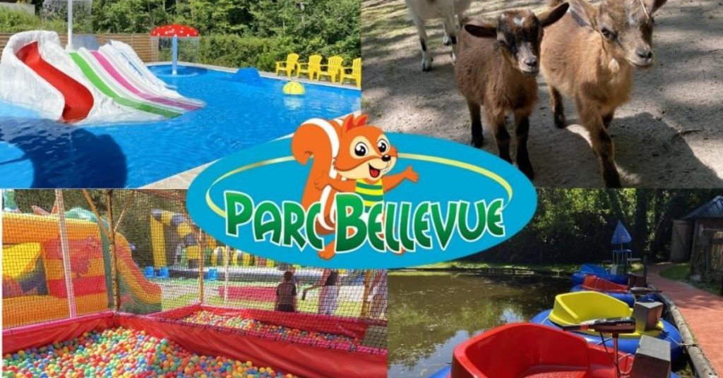 Bellevue squirrel logo infront of 4 scenes from the park , children's rides and petting zoo