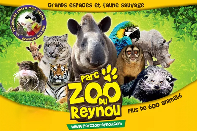 Poster from the Reynou Zoo in Limoges displaying animals and the web address www.parczoorenou.com