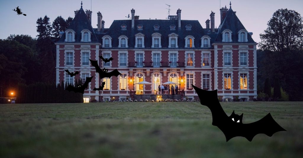 Grand Chateau of the Halcyon Retreat with Halloween Bats and Spooky sky overlay