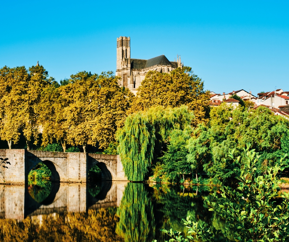 Pretty view of the river and cathedral Saint Etienne in Limoges, Frane